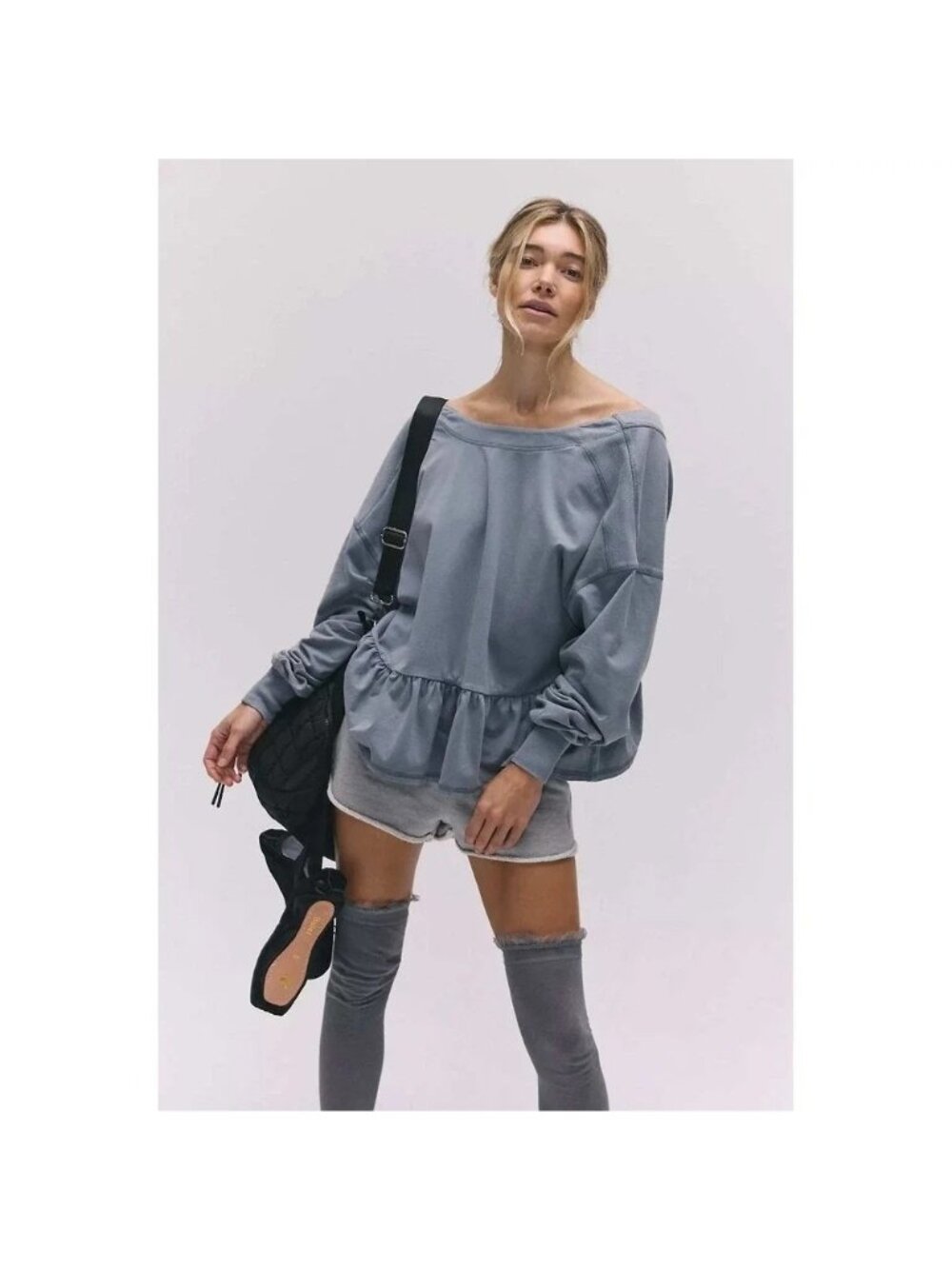 Free People Movement Blue Low Back Oversized Peplum Hem Sweater Womens Small
